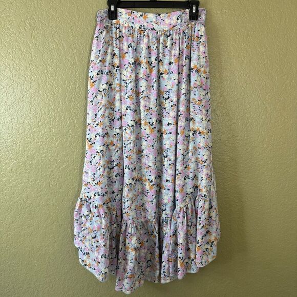 Free People Women's L Smocked Waist Ruffle Tier Maxi Skirt Multi Floral Prairie - Picture 5 of 9